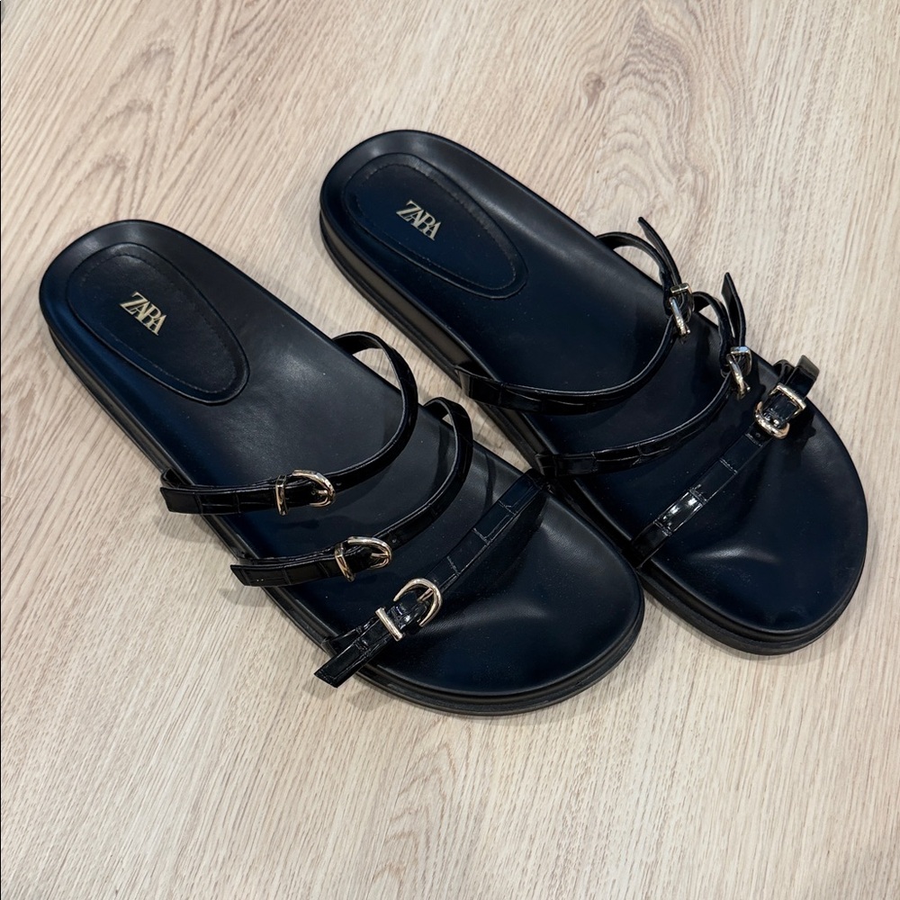 Zara Women's Black Strappy Slide Sandals